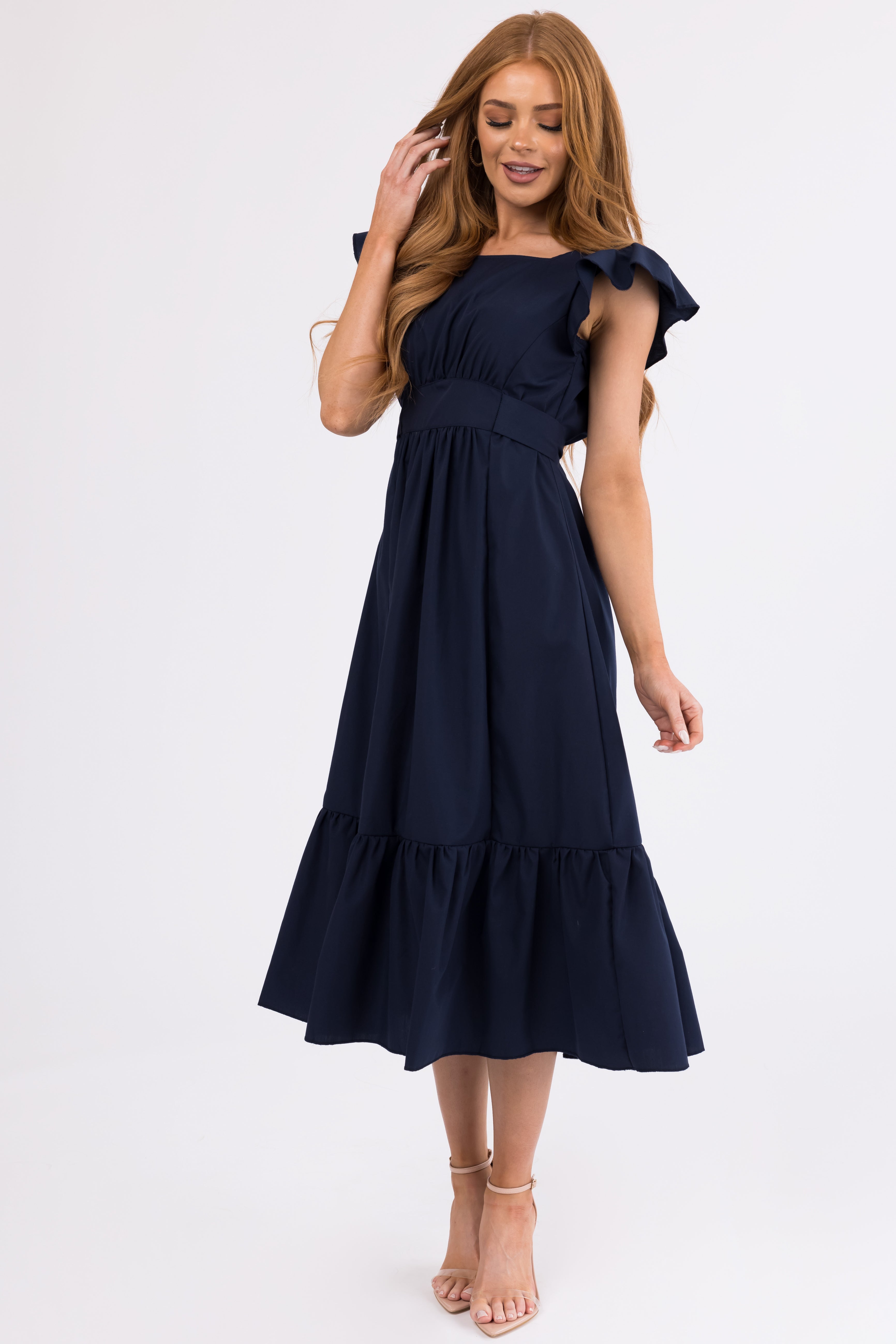 Navy Open Back Ruffle Short Sleeve Midi Dress