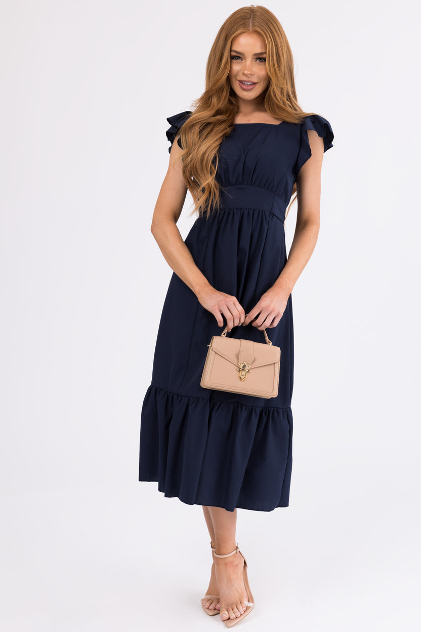 Navy Open Back Ruffle Short Sleeve Midi Dress