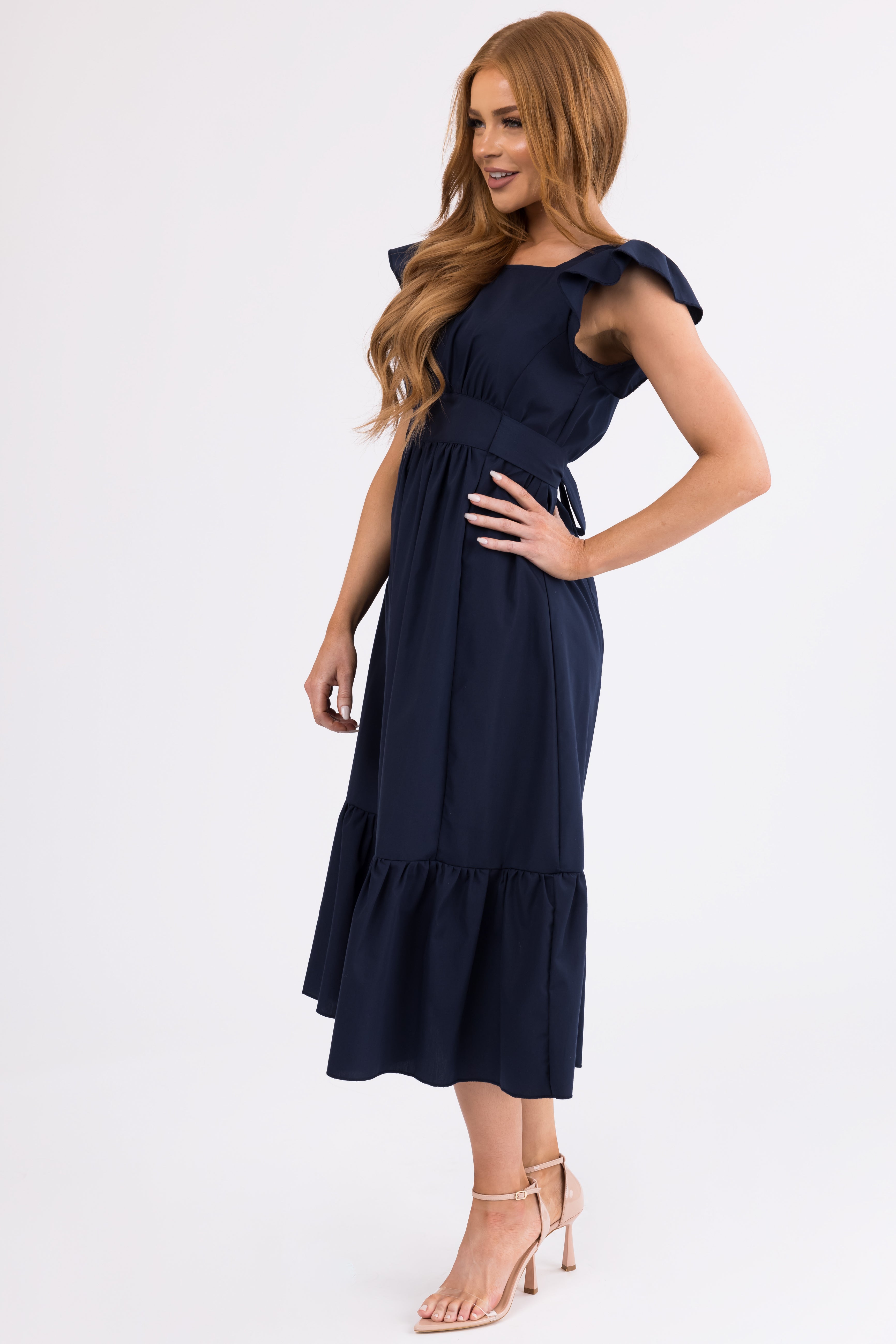 Navy Open Back Ruffle Short Sleeve Midi Dress