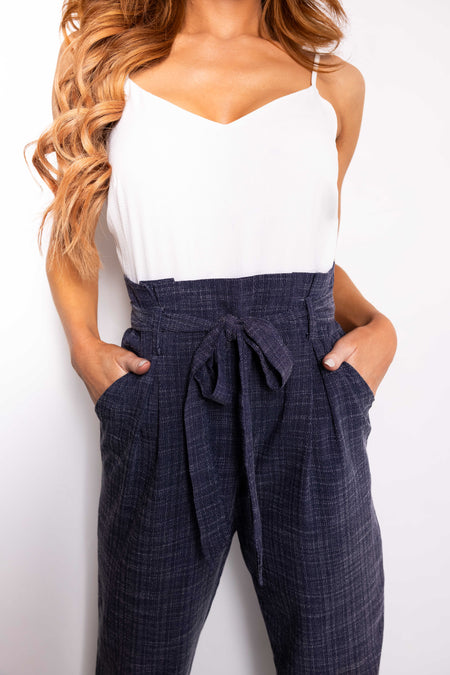 Navy Paperbag Jumpsuit with Contrast Top