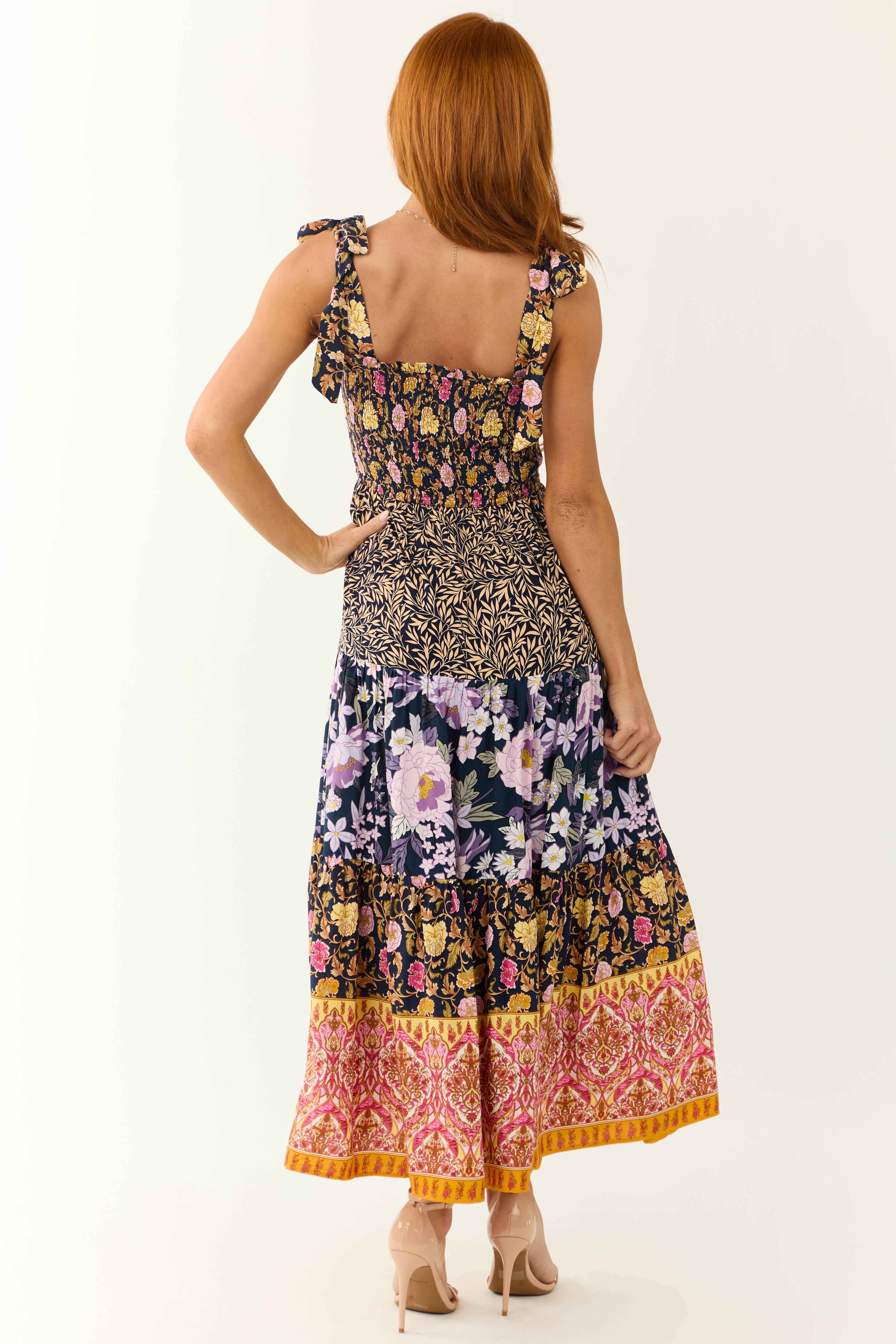 Navy Patchwork Floral Print Sleeveless Maxi Dress