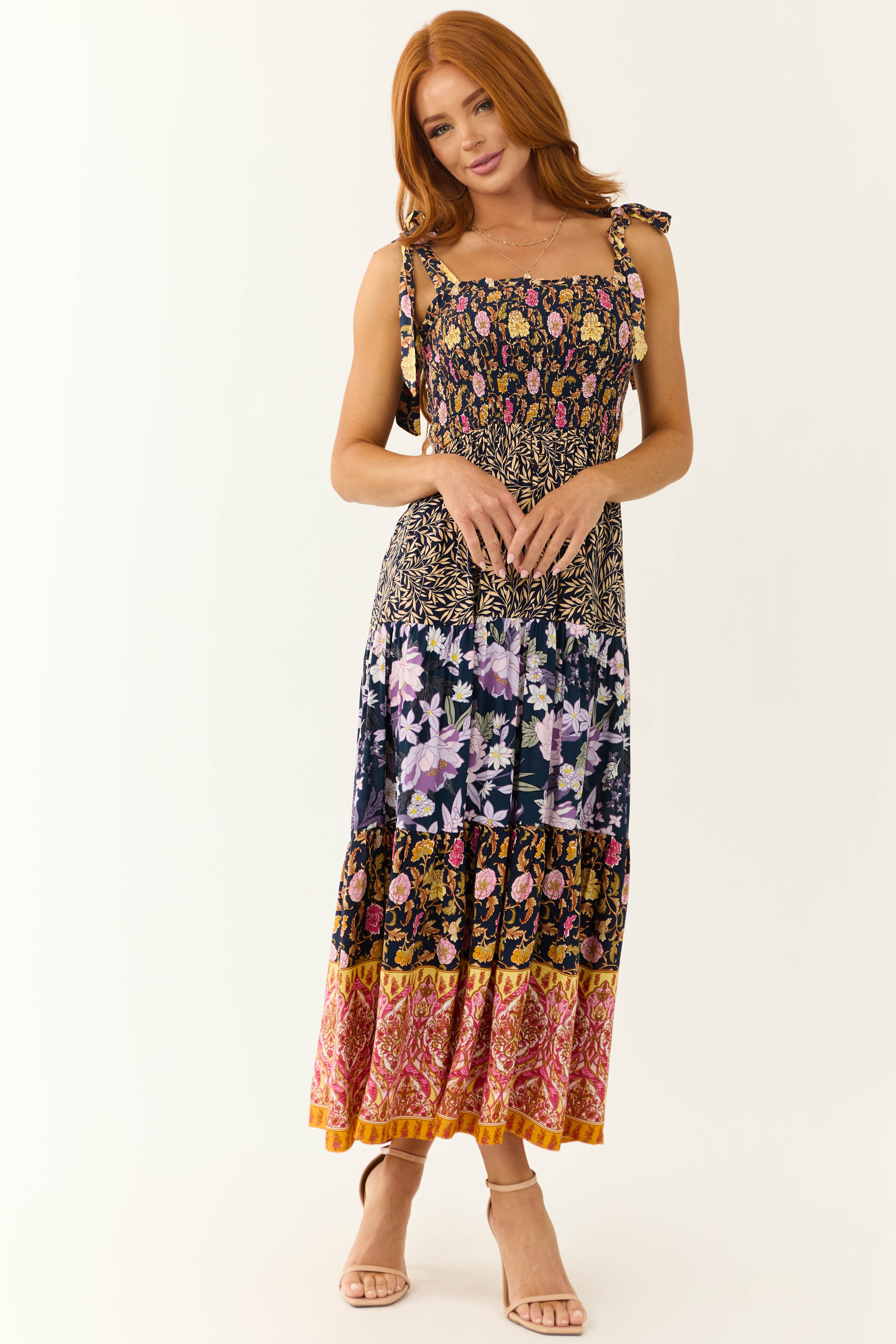 Navy Patchwork Floral Print Sleeveless Maxi Dress