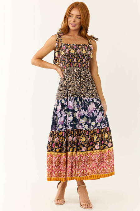 Navy Patchwork Floral Print Sleeveless Maxi Dress