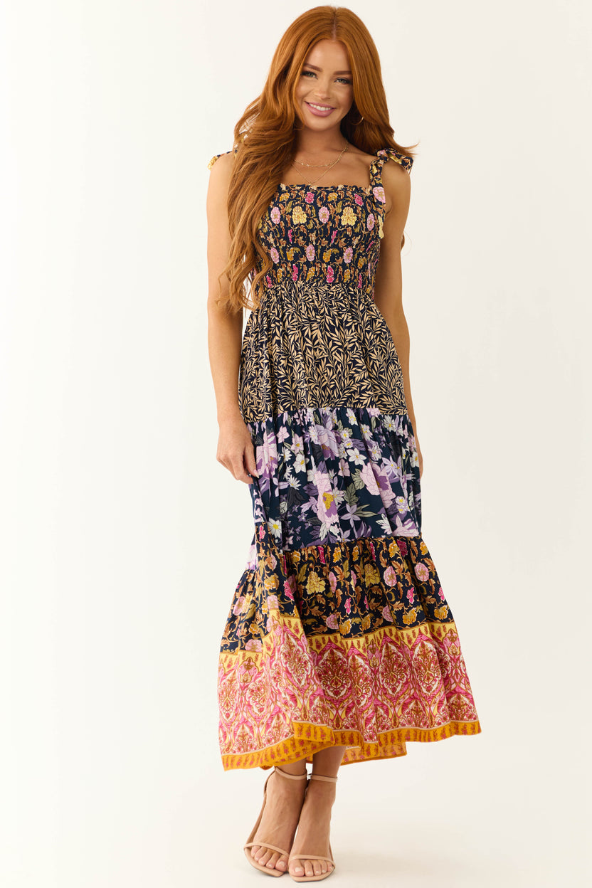 Navy Patchwork Floral Print Sleeveless Maxi Dress