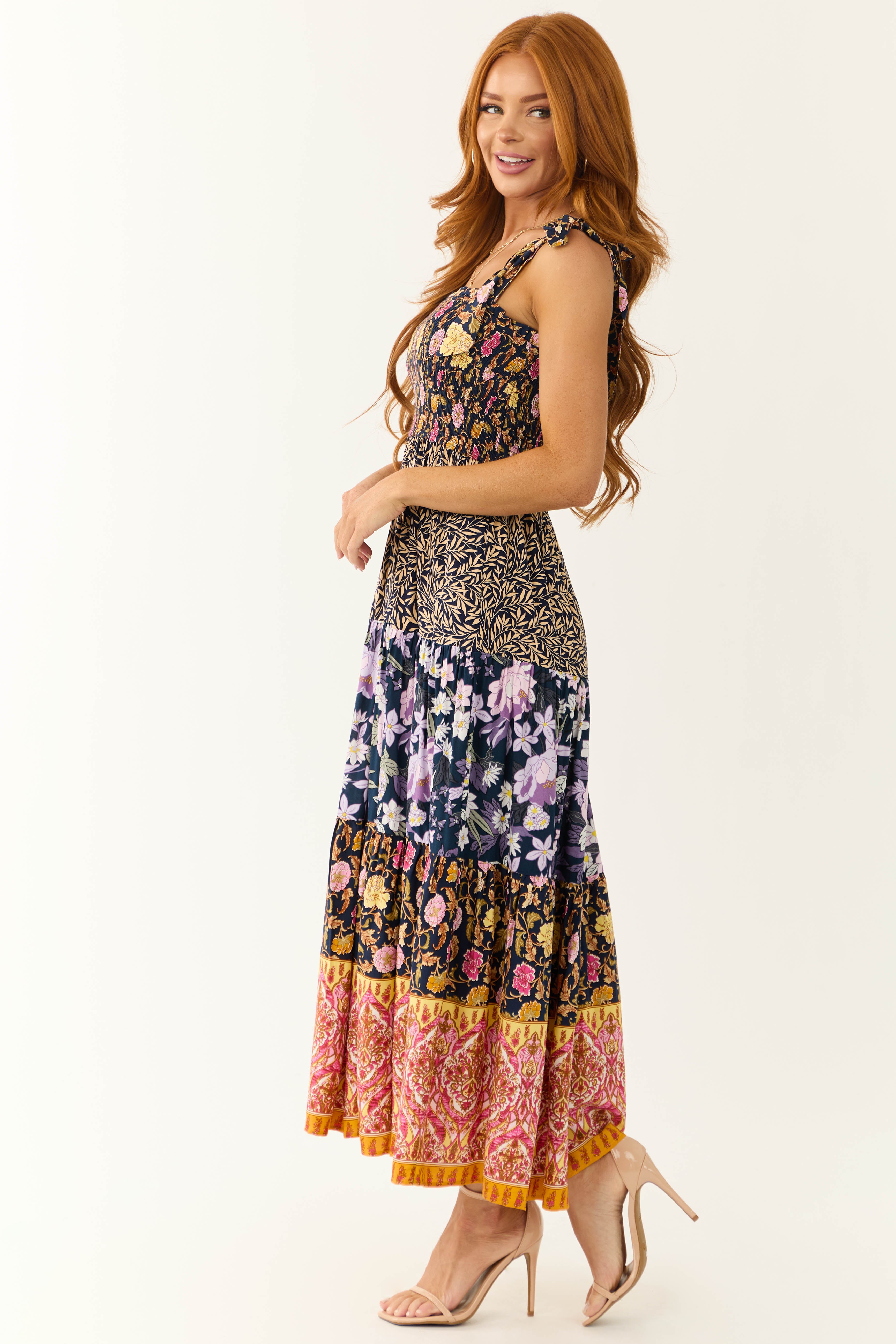 Navy Patchwork Floral Print Sleeveless Maxi Dress