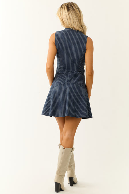 Navy Pinstripe Button Up Linen Short Dress