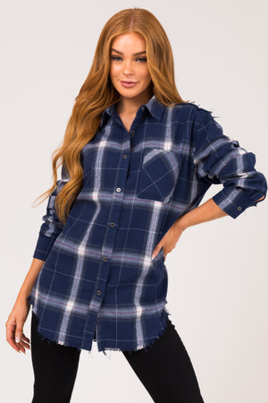 Navy Plaid Button Up Collared Flannel Top