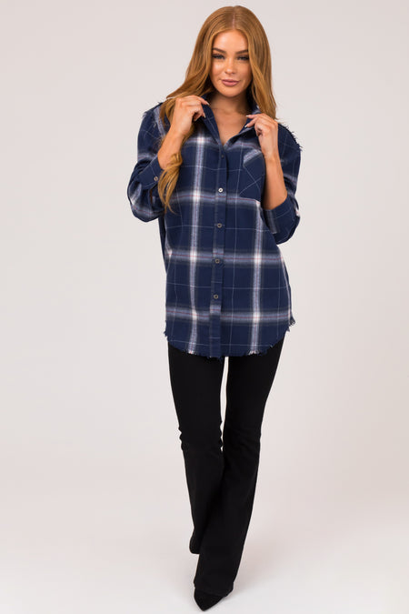 Navy Plaid Button Up Collared Flannel Top