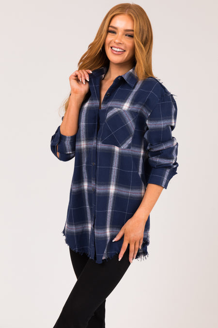 Navy Plaid Button Up Collared Flannel Top