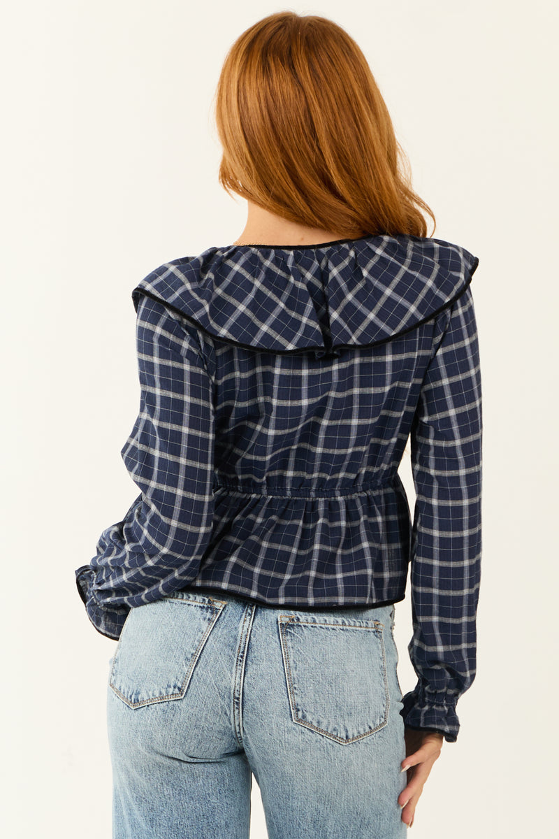 Navy Plaid V Neck Velvet Trim Long Sleeve Top