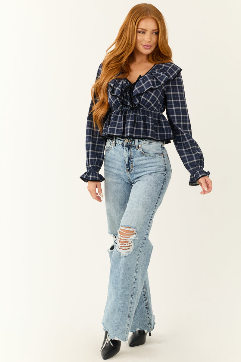 Navy Plaid V Neck Velvet Trim Long Sleeve Top