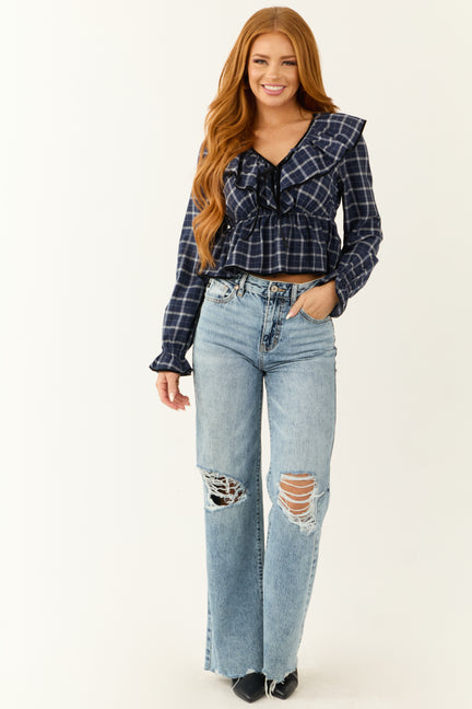 Navy Plaid V Neck Velvet Trim Long Sleeve Top