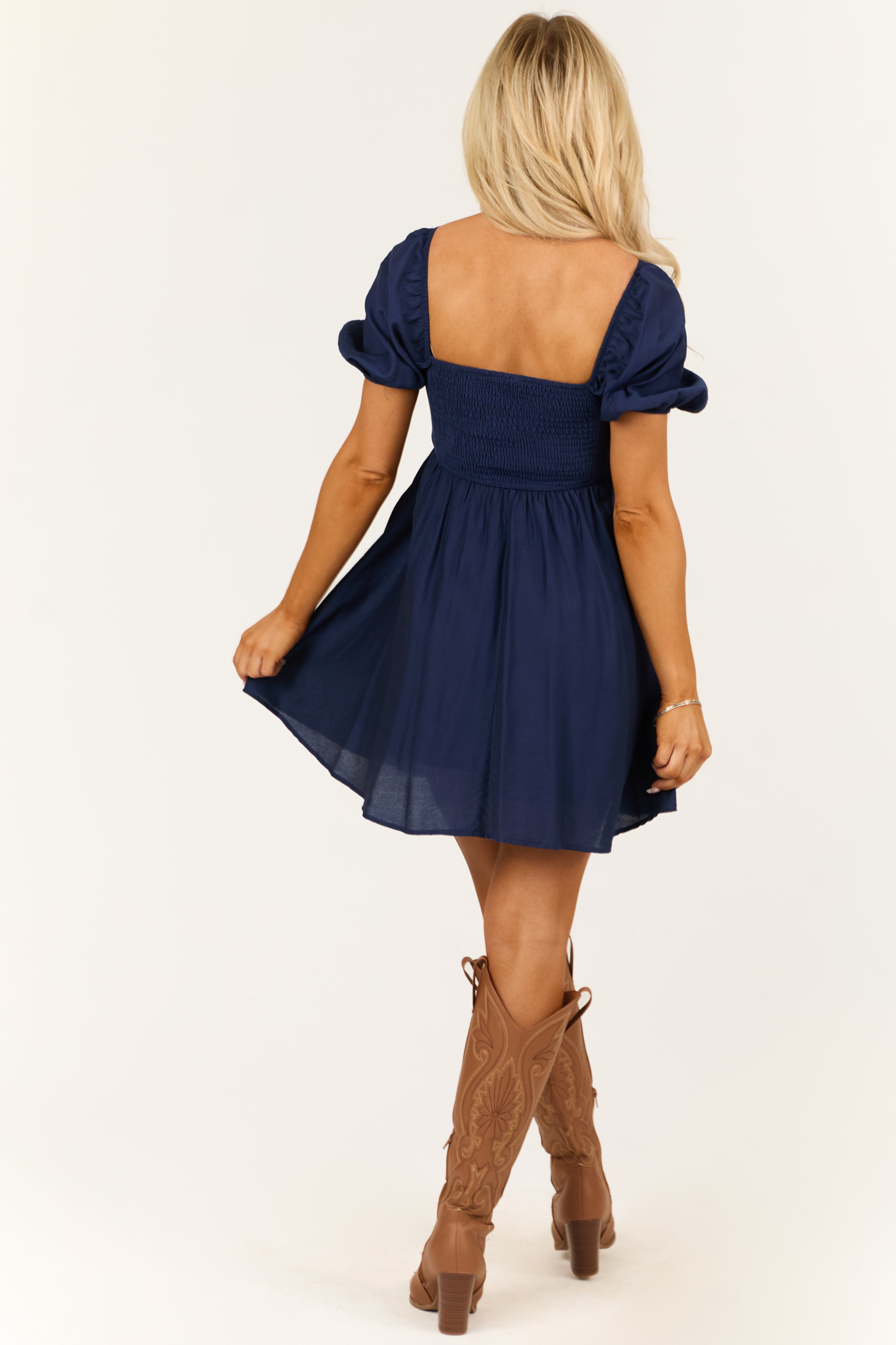 Navy Puff Sleeve Babydoll Square Neckline Mini Dress