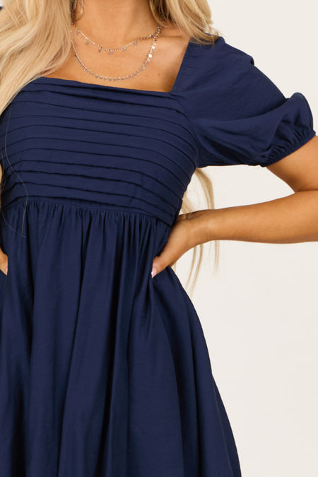 Navy Puff Sleeve Babydoll Square Neckline Mini Dress