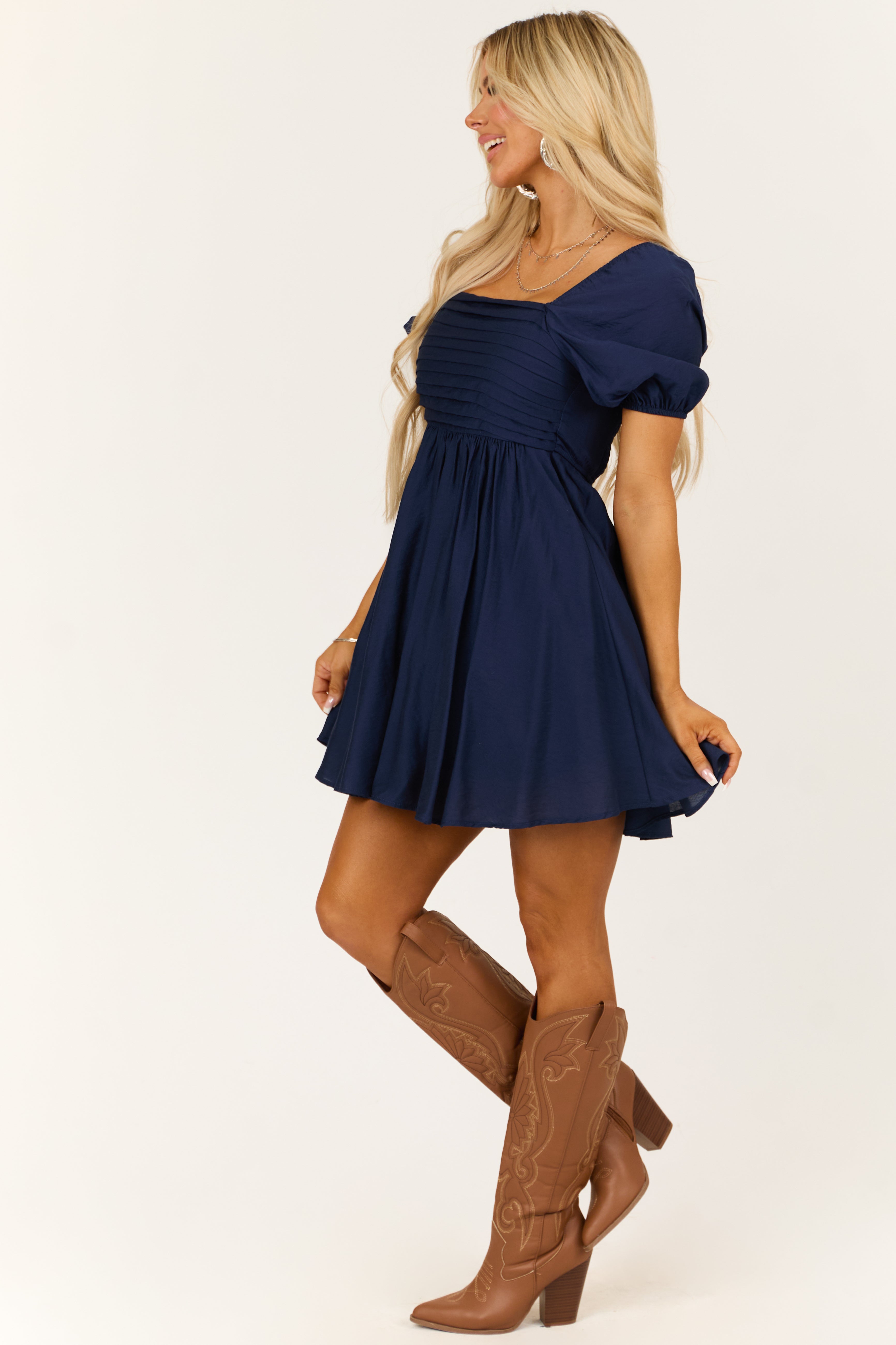 Navy Puff Sleeve Babydoll Square Neckline Mini Dress