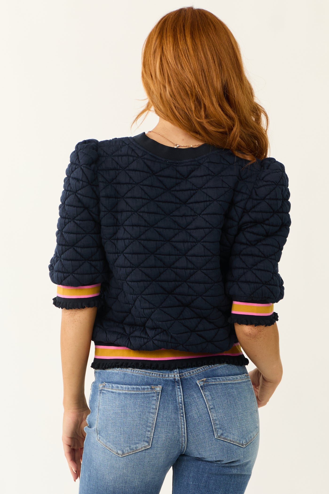 Navy Quilted Half Sleeve Banded Knit Top