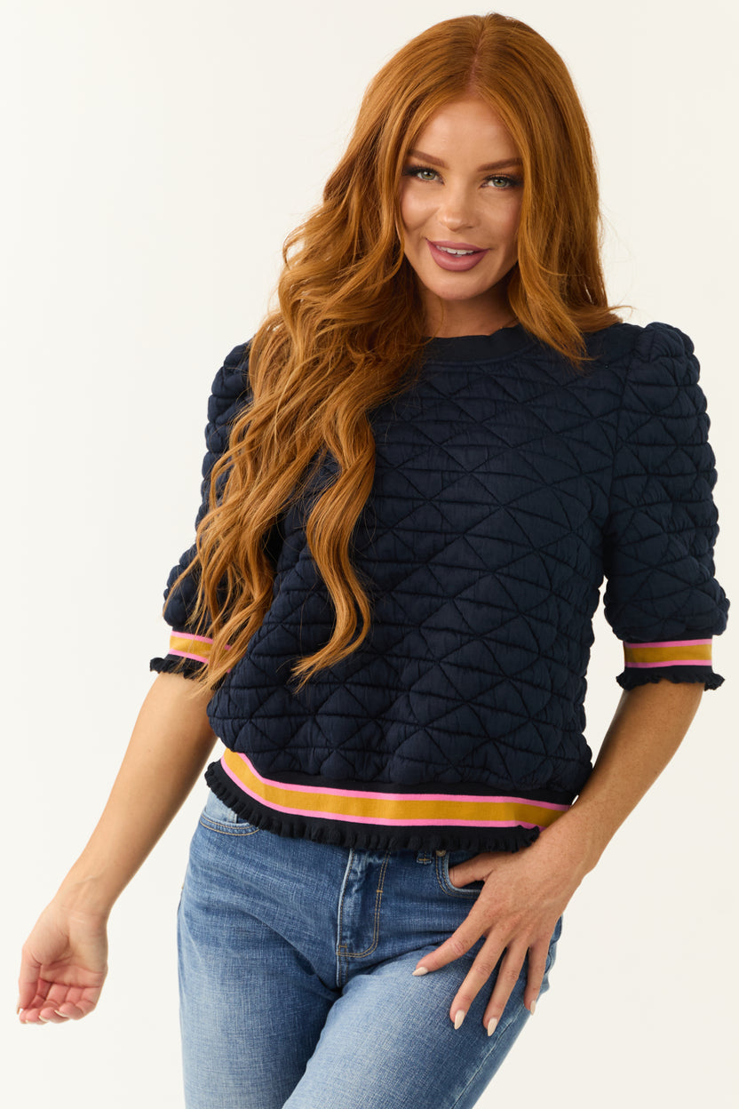 Navy Quilted Half Sleeve Banded Knit Top