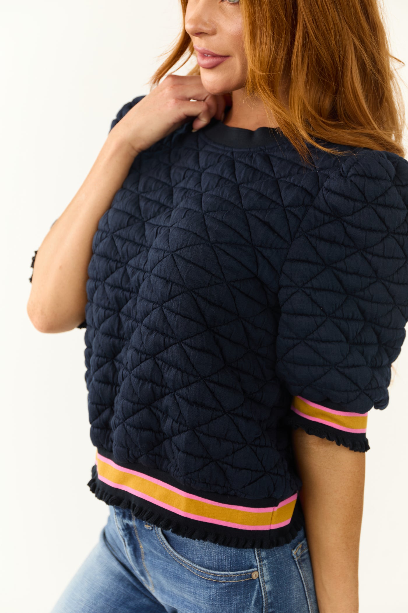 Navy Quilted Half Sleeve Banded Knit Top