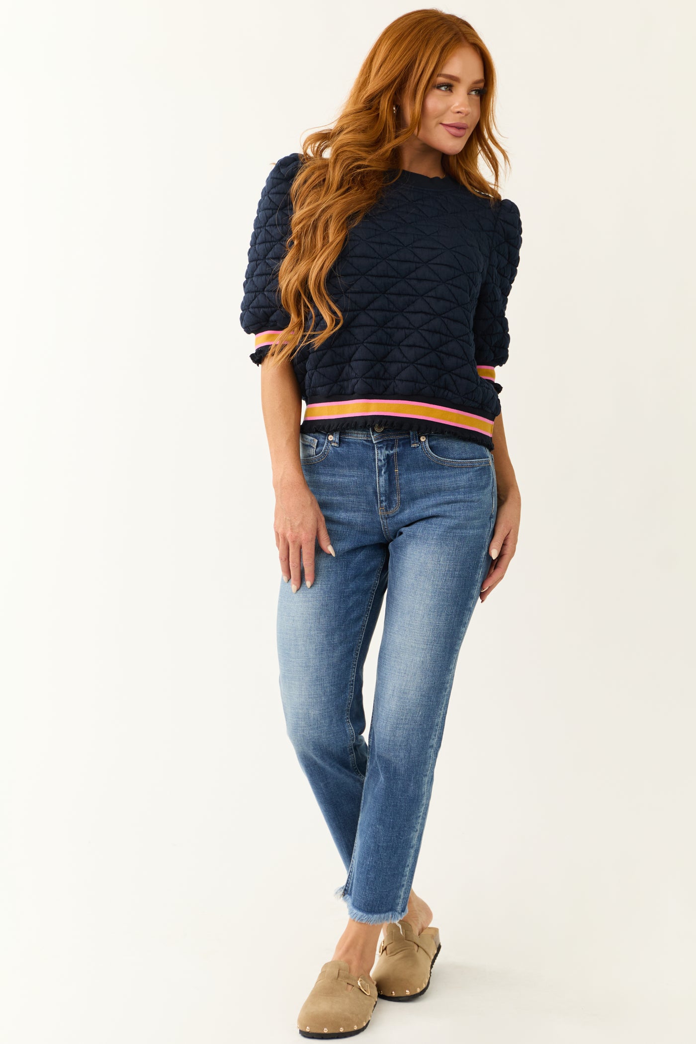 Navy Quilted Half Sleeve Banded Knit Top