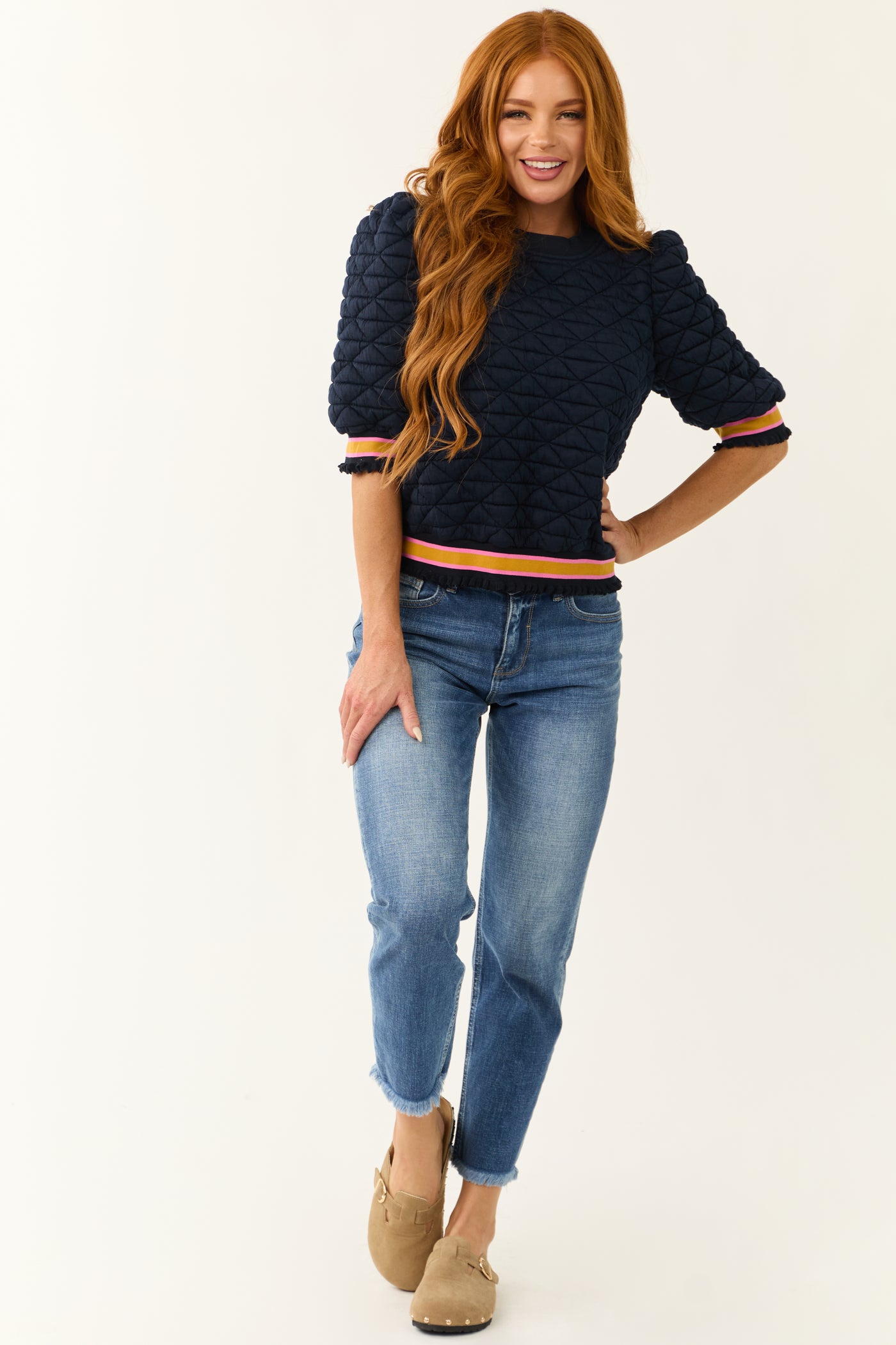 Navy Quilted Half Sleeve Banded Knit Top