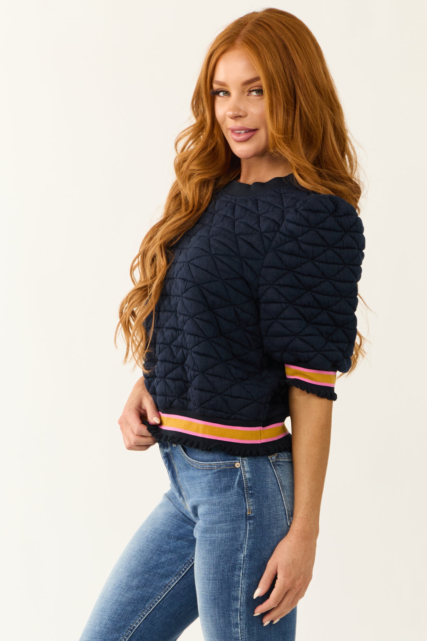 Navy Quilted Half Sleeve Banded Knit Top