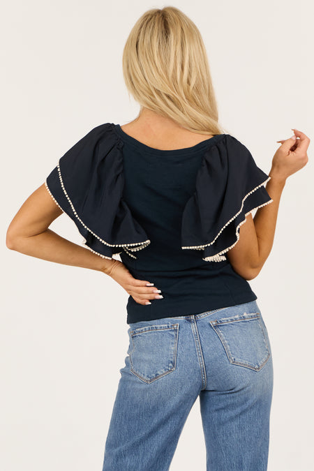 Navy Short Ruffle Sleeve Boatneck Rib Knit Top