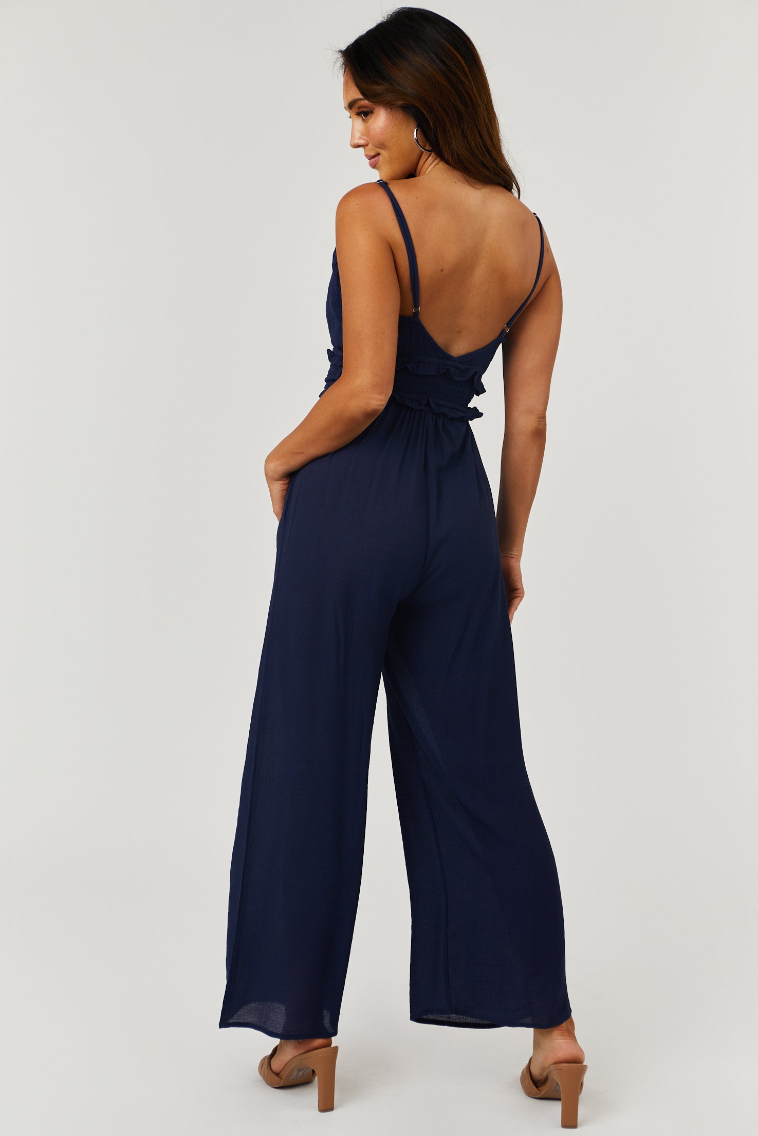 Navy Sleeveless V Neck Smocked Waist Jumpsuit