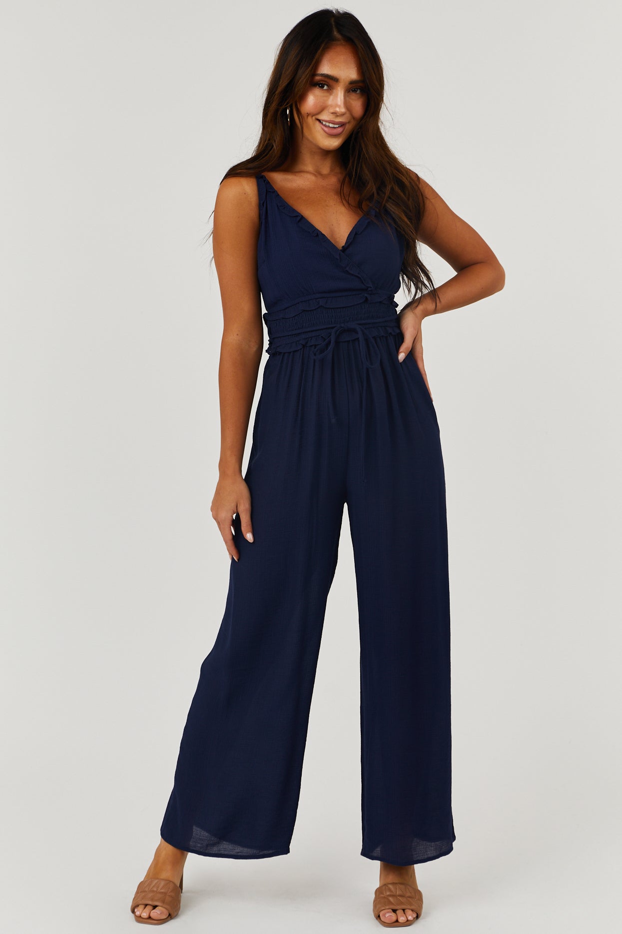 Navy Sleeveless V Neck Smocked Waist Jumpsuit