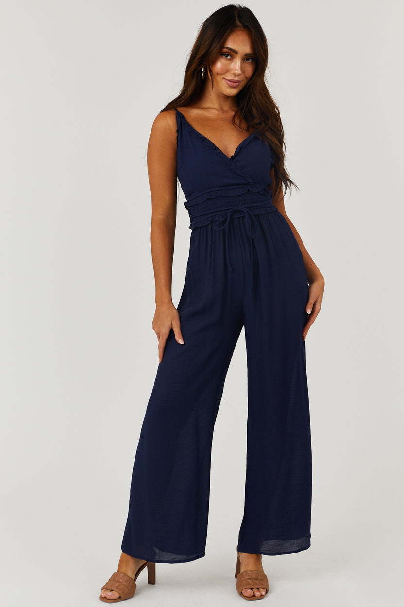 Navy Sleeveless V Neck Smocked Waist Jumpsuit