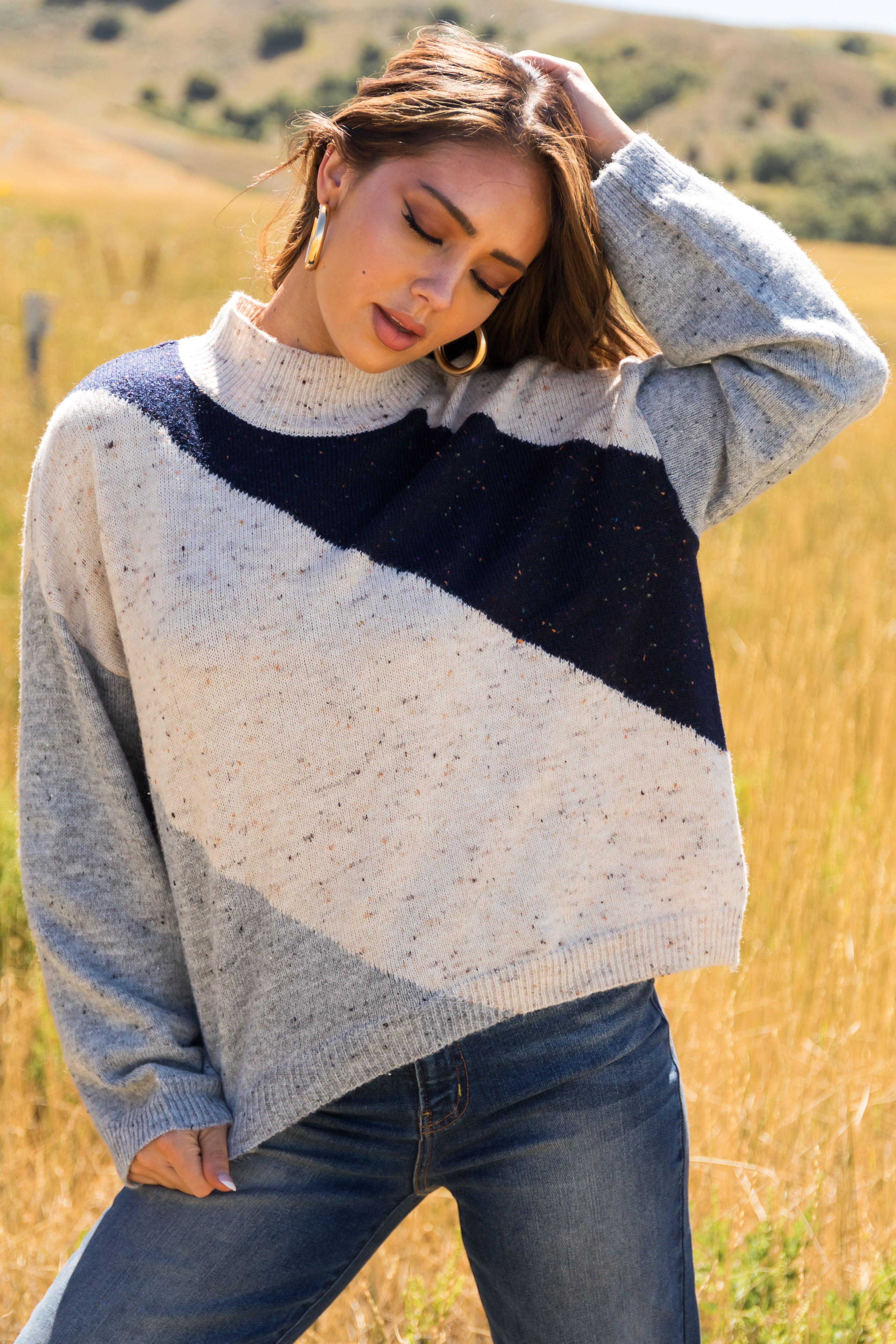 Navy Speckled Colorblock High Neck Knit Sweater