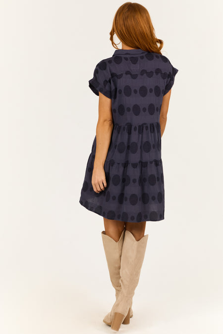 Navy Swiss Dot Jacquard Mini Shirt Dress