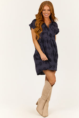 Navy Swiss Dot Jacquard Mini Shirt Dress