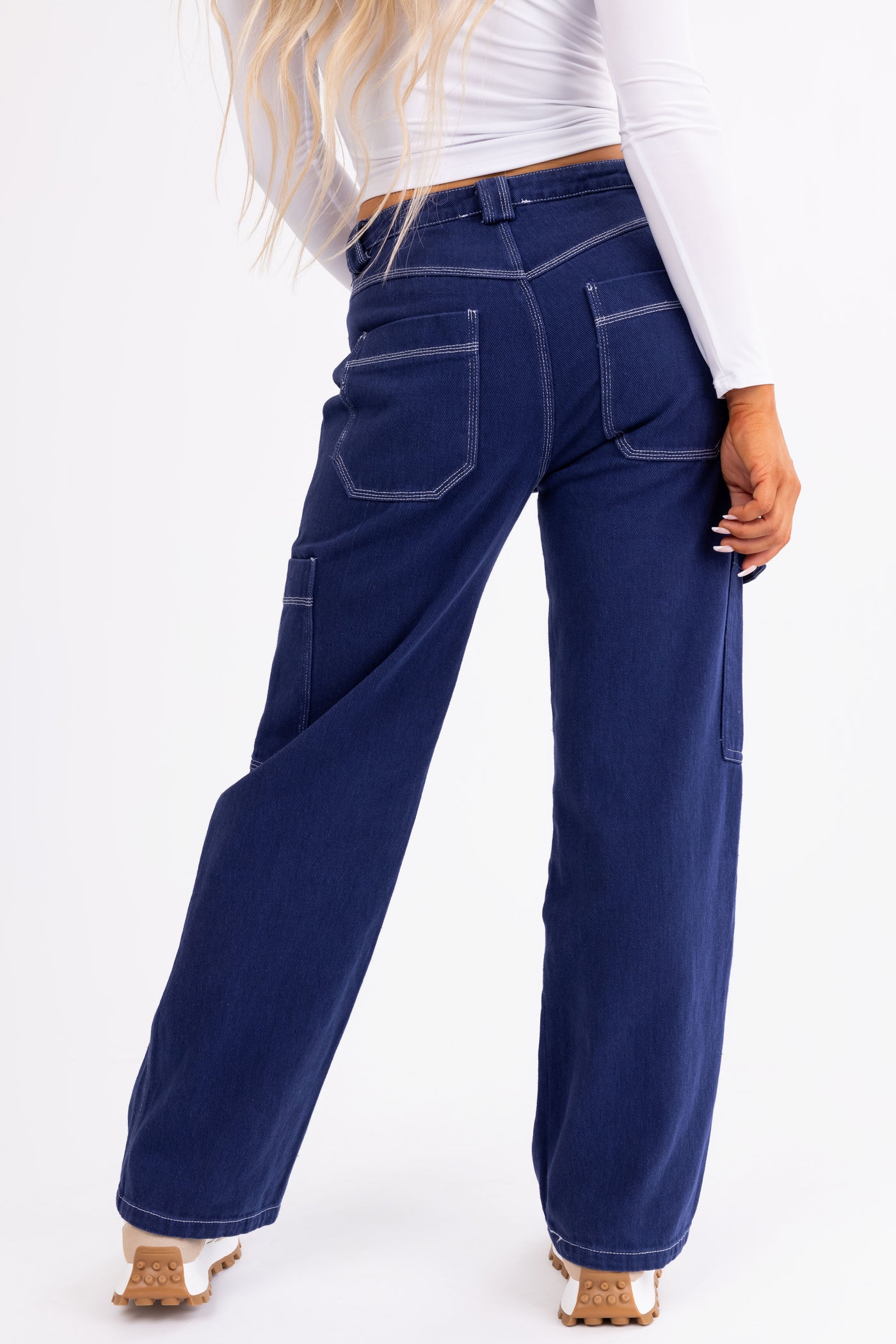 Navy Wide Leg Cargo Pants with White Stitching