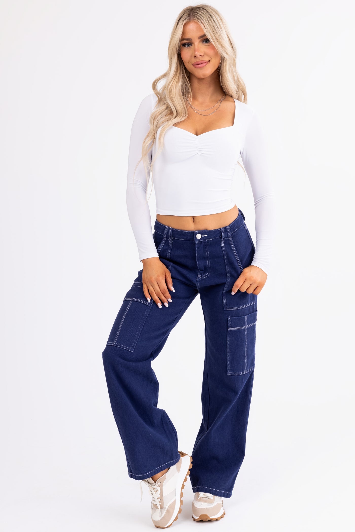 Navy Wide Leg Cargo Pants with White Stitching