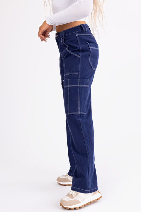 Navy Wide Leg Cargo Pants with White Stitching