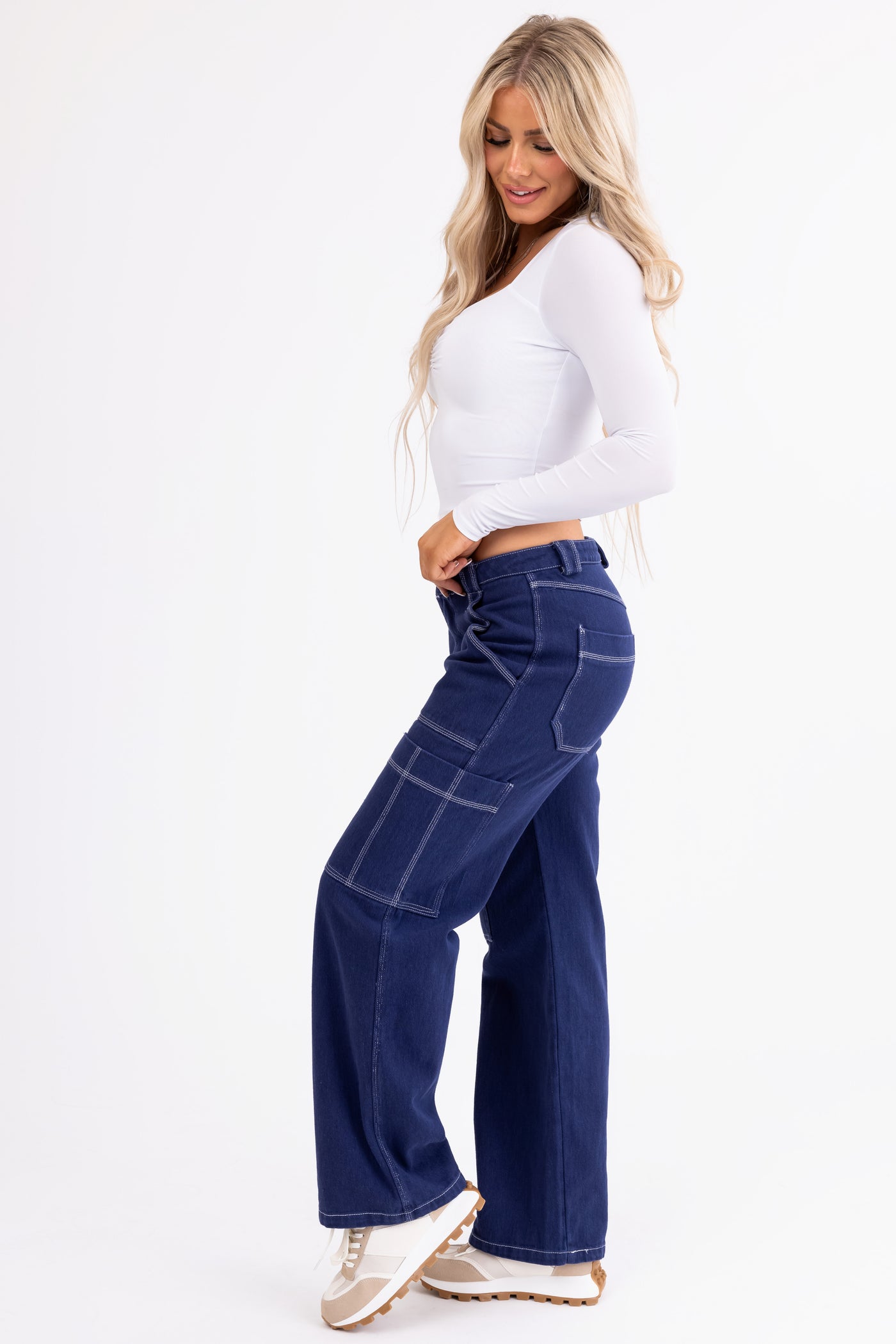 Navy Wide Leg Cargo Pants with White Stitching