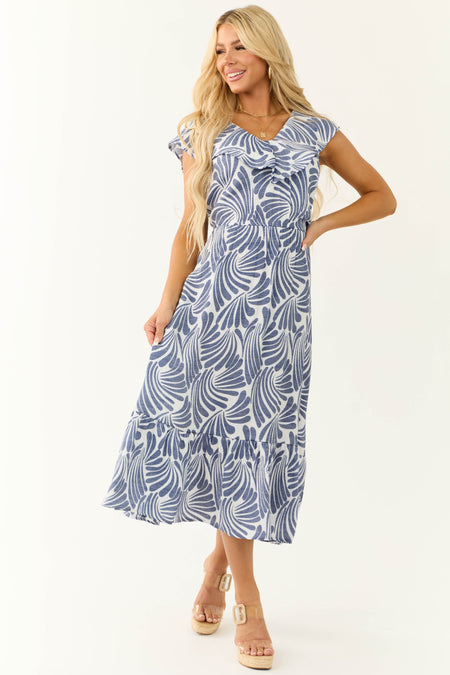 Navy and Ivory Printed V Neck Maxi Dress