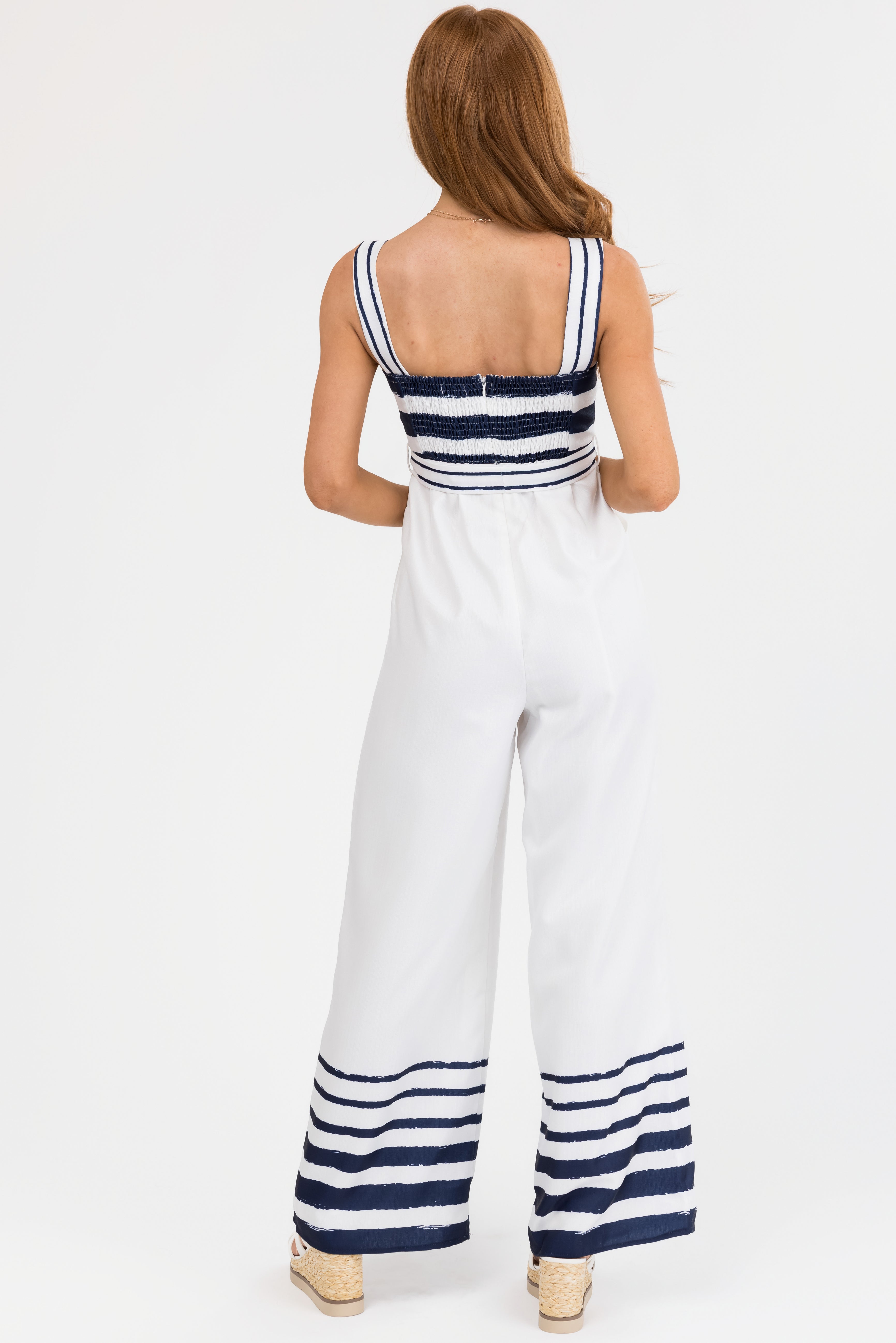 Navy and White Stripe Detail Wide Leg Jumpsuit