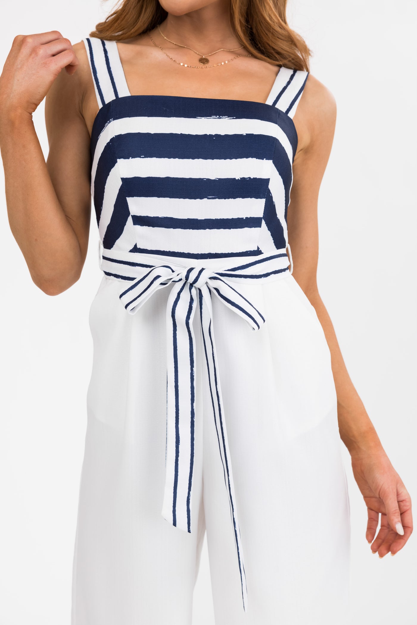 Navy and White Stripe Detail Wide Leg Jumpsuit