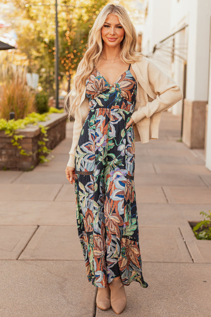 Navy Floral Print Open Back Wide Leg Jumpsuit