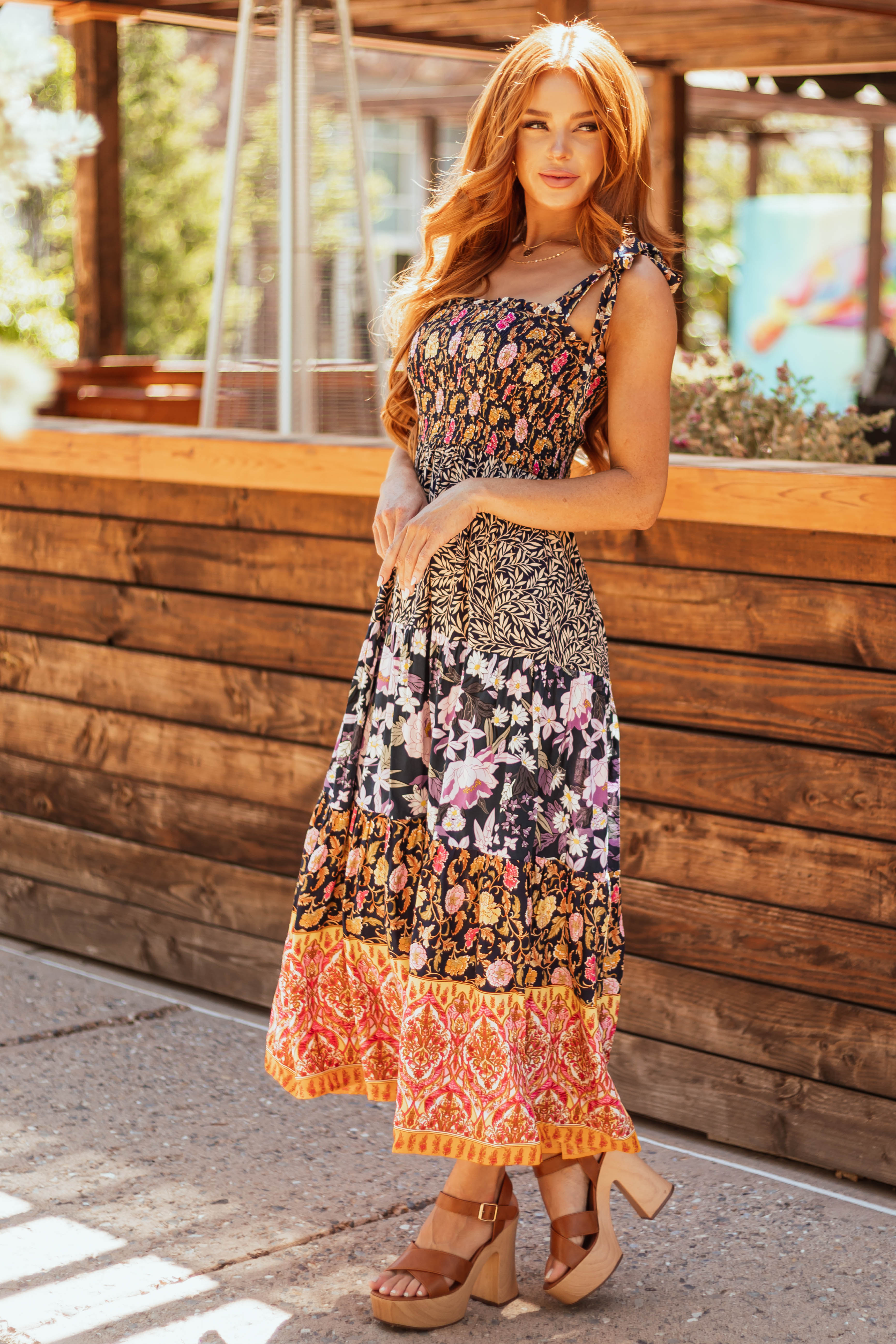 Navy Patchwork Floral Print Sleeveless Maxi Dress