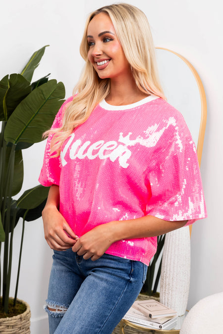 Neon Hot Pink 'Queen' Sequined Half Sleeve Top