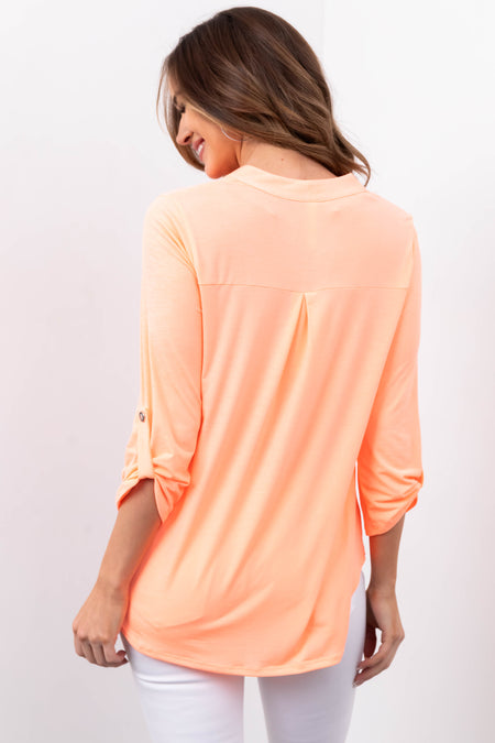 Neon Orange Notch Neck Cuffed Sleeve Top