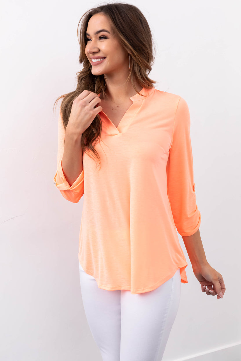 Neon Orange Notch Neck Cuffed Sleeve Top