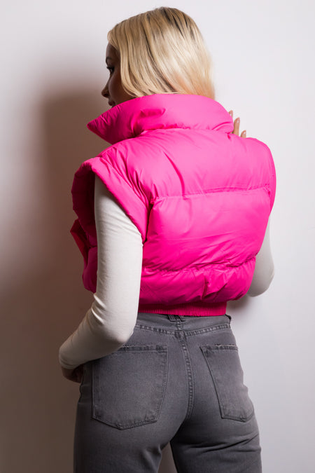 Neon Pink Elastic Hem Zip Up Puffer Vest