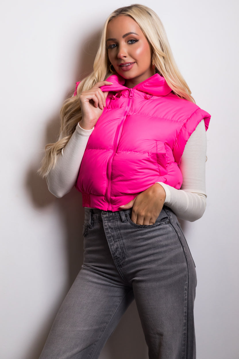 Neon Pink Elastic Hem Zip Up Puffer Vest