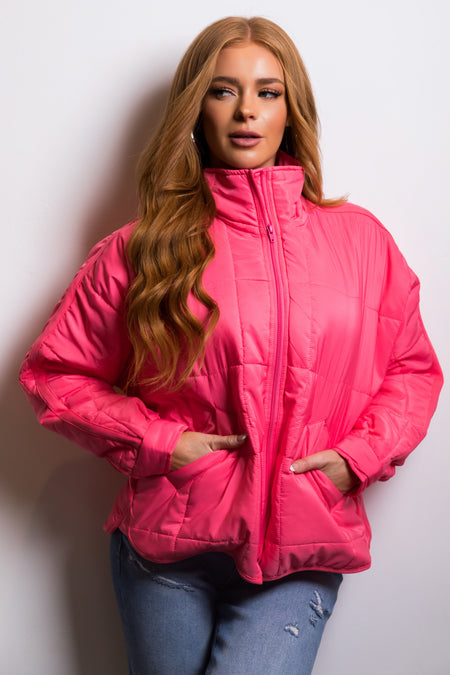 Neon Pink Funnel Neck Zip Up Puffer Jacket