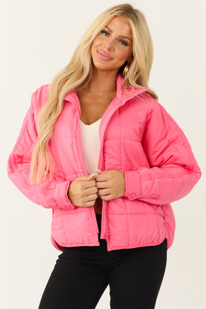 Neon Pink Funnel Neck Zip Up Puffer Jacket