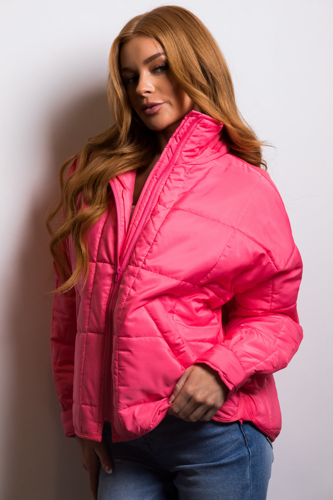 Neon Pink Funnel Neck Zip Up Puffer Jacket And Lime Lush