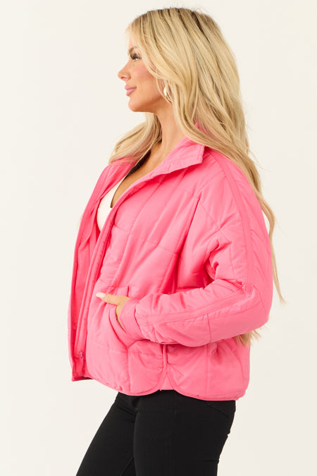 Neon Pink Funnel Neck Zip Up Puffer Jacket